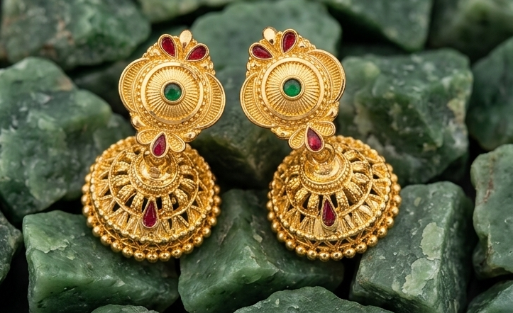 2 Rajwada Emerald-Chakra Cut-Work Jhumka - Image 4